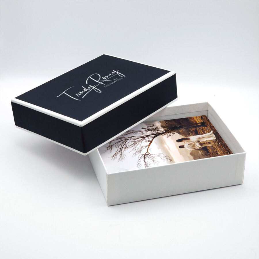 Tailored Linen Photo Box - 5x7, White Base, Black Lid [OUTLET]